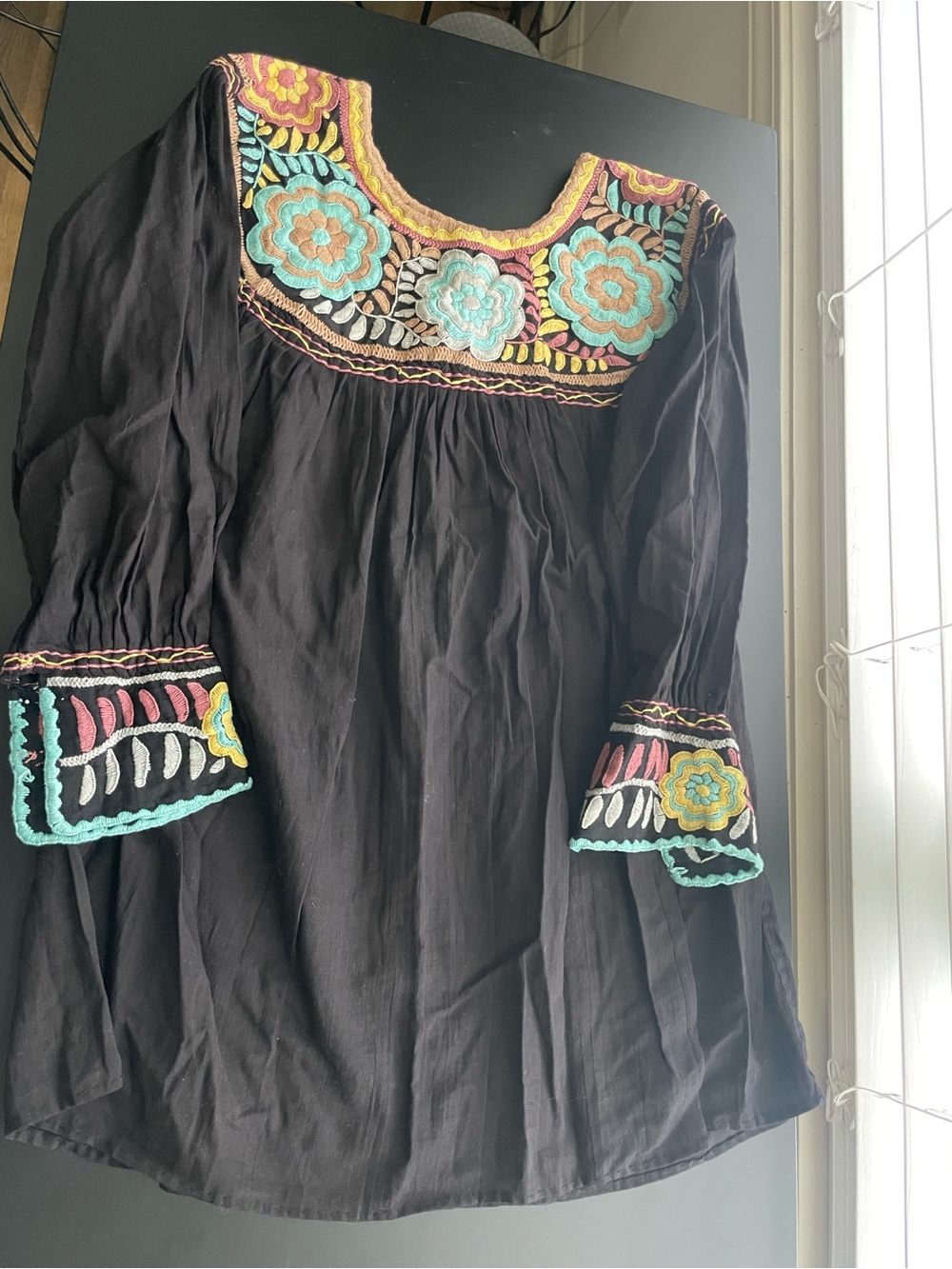 Black Embroidered  handmade Blouse with Turquoise Floral Yoke